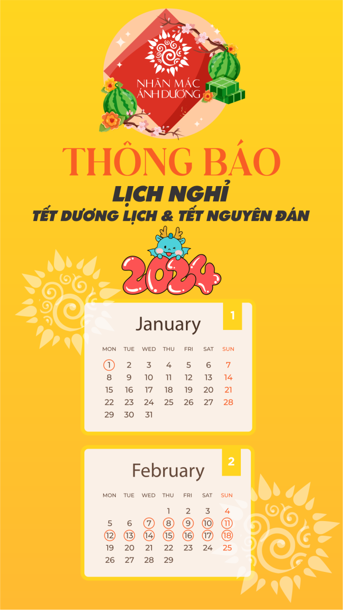 THÔNG BÁO: LỊCH NGHỈ TẾT DƯƠNG LỊCH 2024 & TẾT NGUYÊN ĐÁN GIÁP THÌN